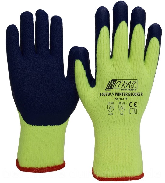 NITRAS Winter Blocker Baumwoll Handschuhe mit Latexbeschichtung gelb/blau Winterhandschuhe 12 Paar