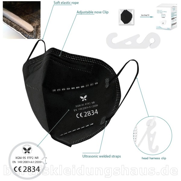 FFP2 Atemschutzmaske schwarz 50er Pack Ohrschlaufen und Clip
